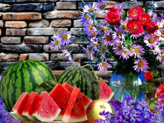 Jigsaw Puzzle «Watermelon and flowers»