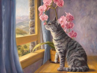 Jigsaw Puzzle «cat and orchid»