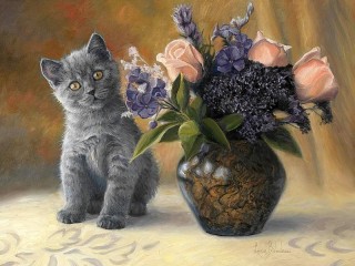 Jigsaw Puzzle «Kitten and flowers»