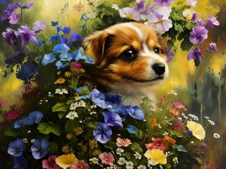 Jigsaw Puzzle «Puppy in bloom»