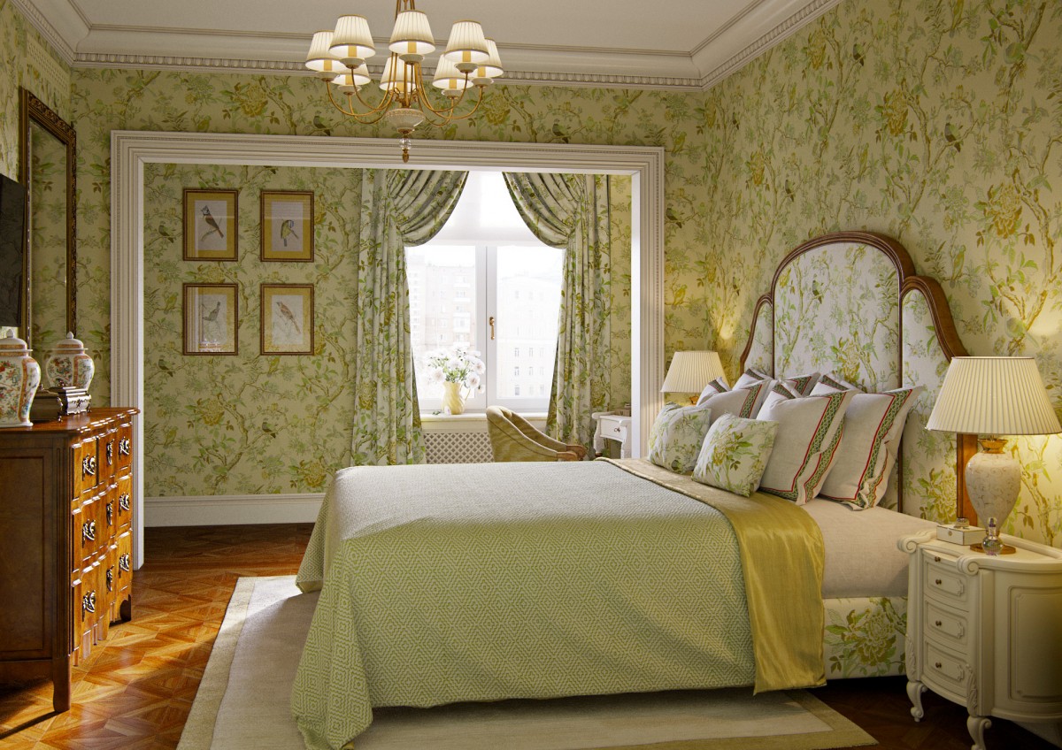 Спальня в классическом стиле в зеленых тонах